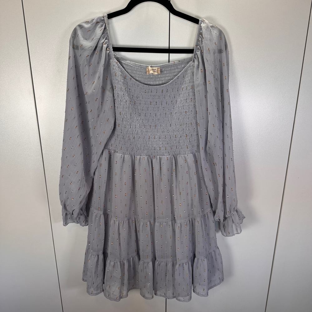 NEW Altar'd State Womens Sz Med Mini Dress Smocked Grey/Gold Long sleeve